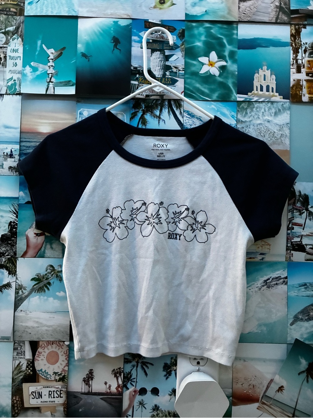Roxy White Tee with Navy Raglan Sleeves and Floral Graphic